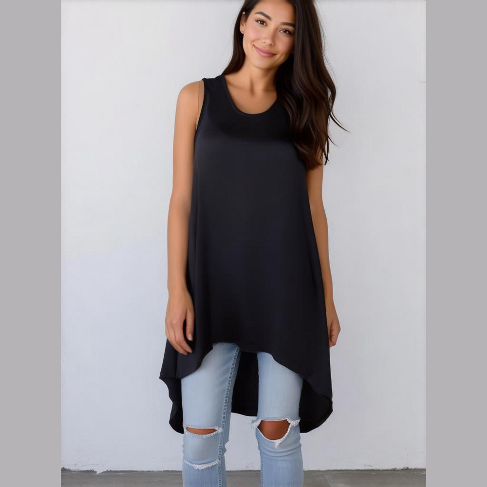 Yana K Marina Navy Blue Fringe Handkerchief Hem Sleeveless Tank Top